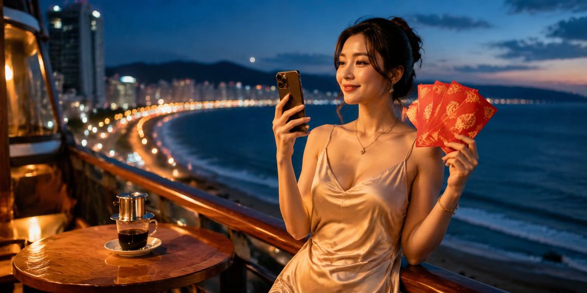Người chơi Mũi Né nhận phong bì đỏ thưởng tại quán cà phê ven biển